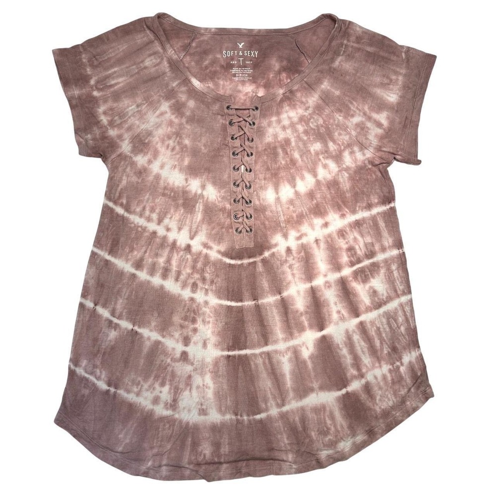 American Eagle Soft & Sexy Tie Dye Lace Up T-Shirt Mauve Pink Small